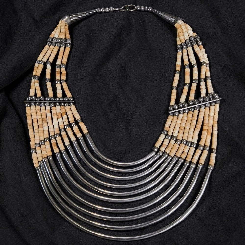 Vintage Indian Bone & White Metal Bib Necklace Tribal Boho Statement Ethnic